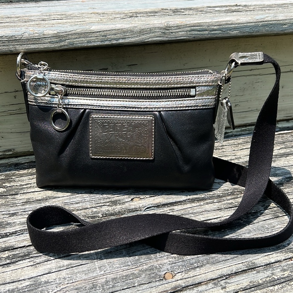 Coach Poppy Small Crossbody Black Silver Leather Purse Handbag